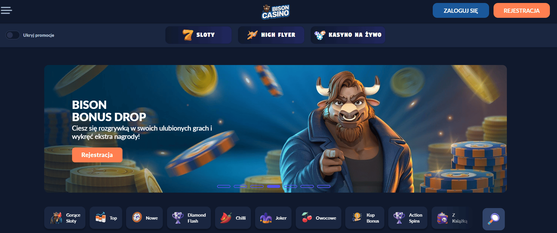 Strona główna kasyna Bison Casino na urządzeniu mobilnym